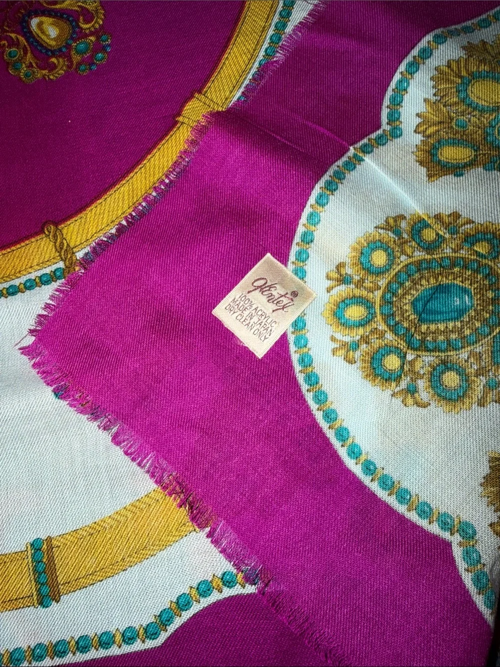 Vintage 60's Glentex~Stylish Fuchsia Gems and Links Gold Printed Square Scarf